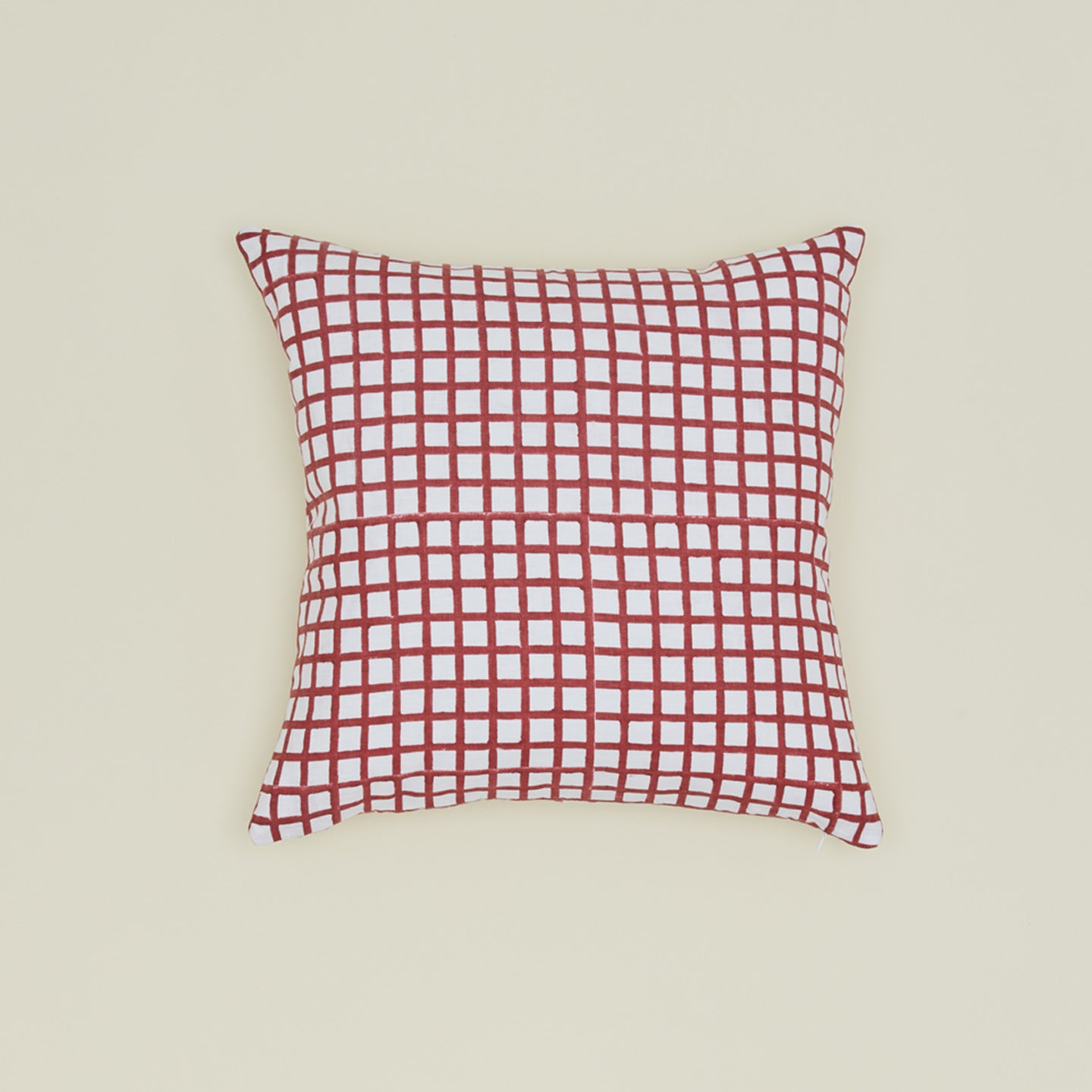 Block printed grid pillow in Red.