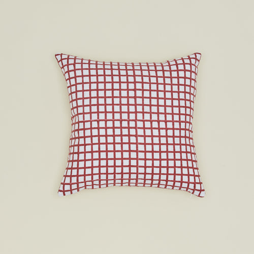 Block printed grid pillow in Red.