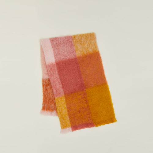 Exploded Plaid Mohair Throw in warm tones.
